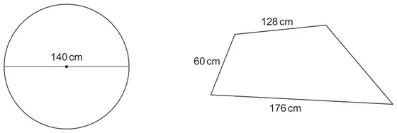 A circle with diameter 140 cm drawn through its centre, and a quadrilateral flowerbed with sides labelled 128 cm, 60 cm and 176 cm; the fourth side is not labelled