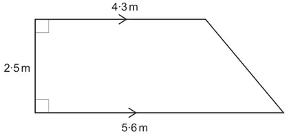 Right-angled trapezium: parallel sides 4·3 m (top) and 5·6 m (bottom), perpendicular height 2·5 m on the left with right angles at both left corners