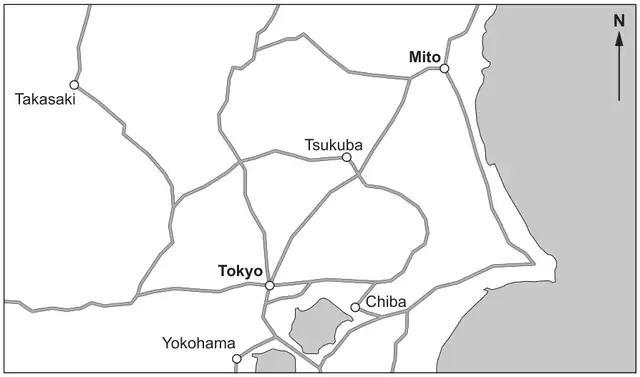 Map with a north arrow showing roads between Takasaki, Tsukuba, Mito, Tokyo, Chiba and Yokohama; Mito is to the north-east of Tokyo