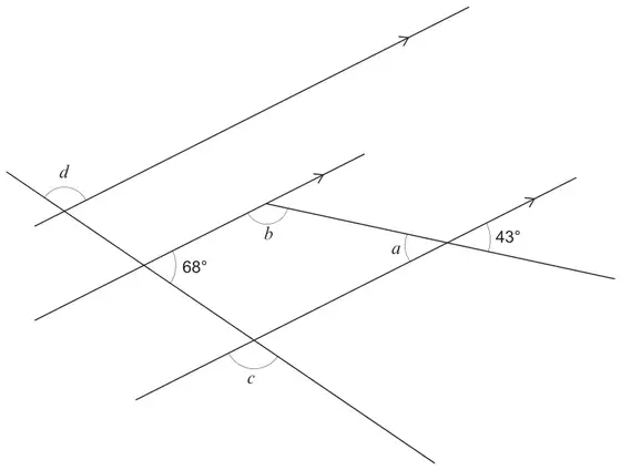 Three parallel streets (marked with arrows) crossed by two straight roads; angles 68° and 43° are marked, with unknown angles a, b, c and d