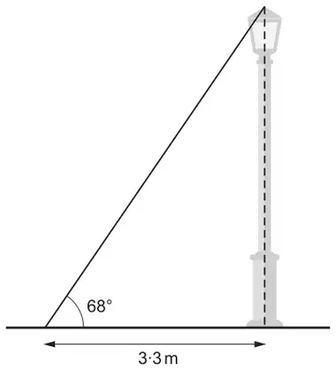 A vertical lamp post on horizontal ground; a line from a point on the ground 3.3 m from the base of the post to the top of the post makes an angle of 68° with the ground