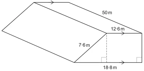 Prism of length 50 m whose cross-section is a trapezium with parallel sides 12.6 m (top) and 18.8 m (bottom), a vertical side at right angles to both, and a sloping side of 7.6 m; a dashed perpendicular height is drawn from the top of the sloping side