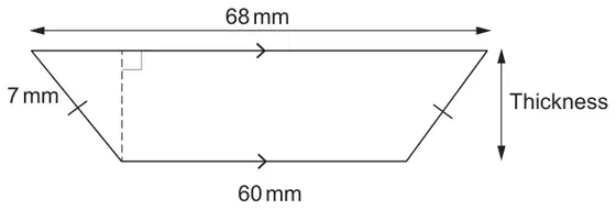 Cross-section: an isosceles trapezium with parallel sides 68 mm (top) and 60 mm (bottom), equal sloping sides marked, one labelled 7 mm; a dashed perpendicular height from the top edge to the bottom corner; the vertical height is labelled Thickness