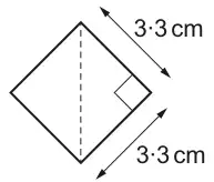 The same square with its vertical diagonal drawn dashed, a right angle at the right-hand corner and two sides marked 3·3 cm