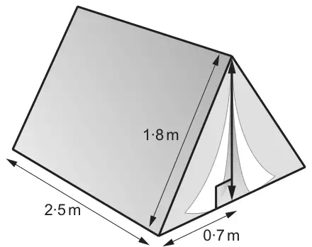 Tent shaped as a triangular prism: length 2·5 m, sloping side 1·8 m, half the base width 0·7 m, with the perpendicular height marked