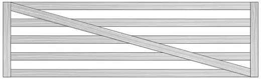 The finished gate: five horizontal planks, one diagonal plank and a vertical end plank at each end