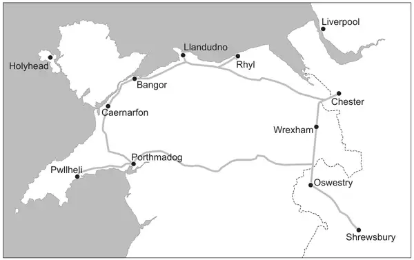 Map of north Wales and the English border showing roads and the towns Holyhead, Bangor, Caernarfon, Llandudno, Rhyl, Pwllheli, Porthmadog, Liverpool, Chester, Wrexham, Oswestry and Shrewsbury