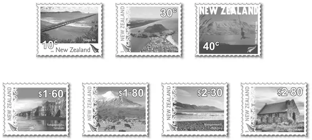 Seven New Zealand stamps with values 10c, 30c, 40c, $1·60, $1·80, $2·30 and $2·80