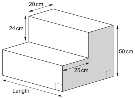 Concrete step: a prism with an L-shaped cross-section (shaded), total height 50 cm, upper step 24 cm high and 20 cm deep, lower step tread 25 cm deep, and length marked along the front