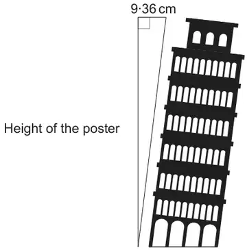 Poster of the leaning tower beside a similar right-angled triangle: horizontal top side 9·36 cm with a right angle at the top, vertical side labelled Height of the poster