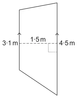 Trapezium-shaped flowerbed with two parallel vertical sides of 3·1 m and 4·5 m, 1·5 m apart (perpendicular distance shown dashed with a right angle)