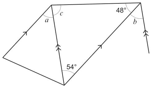 Bike frame made of straight lines. Two lines marked with single arrows are parallel; the middle strut and the right-hand post are marked with double arrows and are parallel. Angle 54° at the bottom between the strut and the diagonal; angle 48° at the top right between the top bar and the diagonal; angles a and c at the top of the strut, and b at the top right between the diagonal and the post