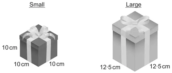Two boxes. Small: a cube 10 cm by 10 cm by 10 cm. Large: a box with a square base 12.5 cm by 12.5 cm and unknown height