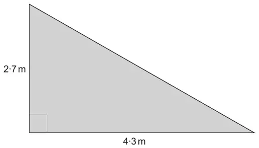 Right-angled triangle with the two sides at the right angle 2.7 m and 4.3 m