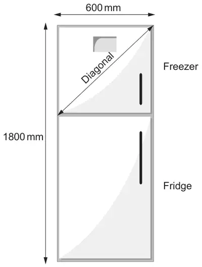 Fridge-freezer, width 600 mm and total height 1800 mm; the freezer door is at the top with its diagonal marked, and the fridge door below