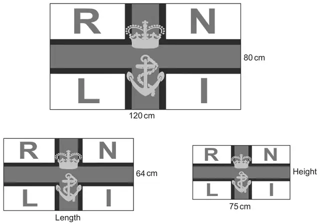 Three similar rectangular flags. Large: length 120 cm, height 80 cm. Medium: height 64 cm, length unknown. Small: length 75 cm, height unknown
