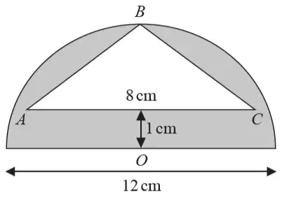 Semicircle with centre O and diameter 12 cm. Isosceles triangle ABC inside it with B on the arc and AC = 8 cm parallel to the diameter and 1 cm above it. The region inside the semicircle but outside the triangle is shaded