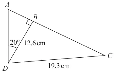 Triangle ACD with B on AC and DB perpendicular to AC. Angle ADB = 20 degrees, DB = 12.6 cm and DC = 19.3 cm