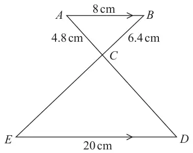 Lines AD and BE cross at C. AB = 8 cm is parallel to ED = 20 cm, AC = 4.8 cm and BC = 6.4 cm