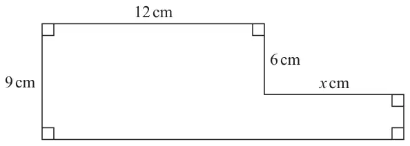 L-shaped shape made of right angles: top side 12 cm, left side 9 cm, a step down of 6 cm on the right of the top side, then a horizontal side x cm to the right, then down to the bottom side