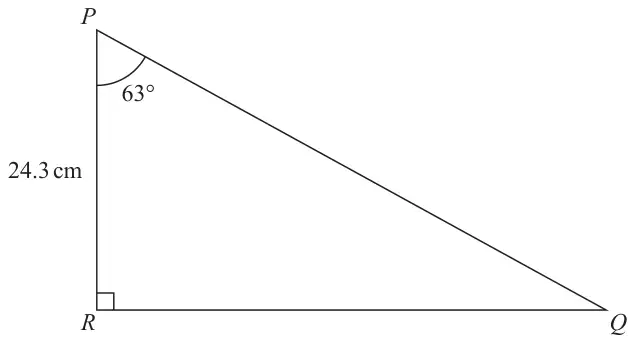 Right-angled triangle PQR with the right angle at R. PR = 24.3 cm, angle RPQ = 63°