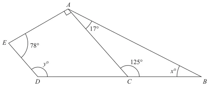 Quadrilateral ABDE with D, C and B on a straight line at the bottom and the line AC drawn. Angle AED = 78°, angle EDC = y°, angle EAC = 90° (right angle), angle CAB = 17°, angle ACD = 125°, angle ABC = x°