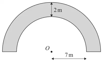 Shaded path between two semicircles with centre O; inner radius 7 m and path width 2 m