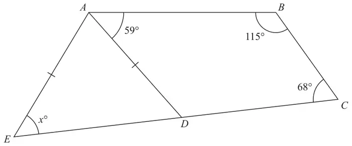 Quadrilateral ABCD with angle BAD 59 degrees, angle ABC 115 degrees and angle BCD 68 degrees; triangle ADE with AE = AD marked, E, D and C on a straight line, and angle AED marked x degrees