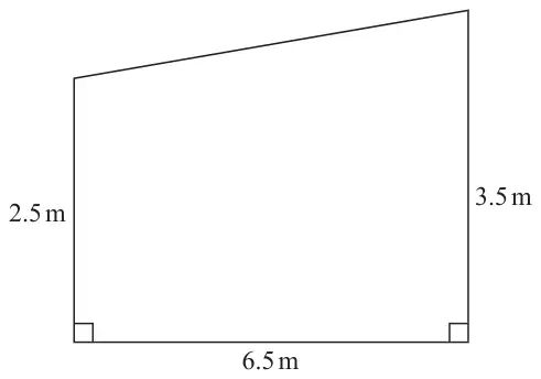 Trapezium with parallel vertical sides 2.5 m and 3.5 m, and a horizontal base of 6.5 m at right angles to both