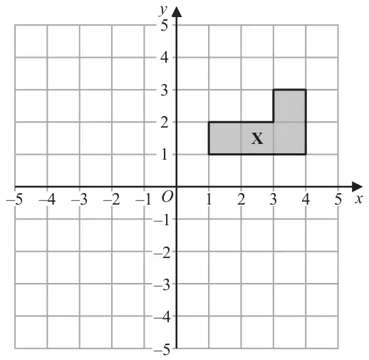 Grid with x and y from −5 to 5; shape X is an L-shape made of the rectangle from (1, 1) to (4, 2) and the square from (3, 2) to (4, 3)
