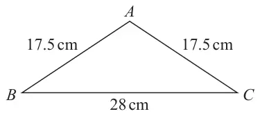 Isosceles triangle ABC with AB = AC = 17.5 cm and base BC = 28 cm