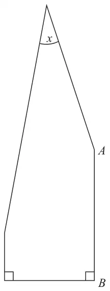 A five-sided polygon with two right angles at the bottom, vertical side AB on the right, and an acute angle x at the top vertex