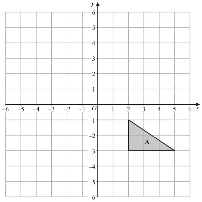 Grid with x and y from -6 to 6 showing triangle A with vertices (2, -1), (2, -3) and (5, -3)