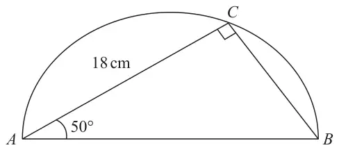 Semicircle on diameter AB with C on the arc; angle ACB is a right angle, angle BAC is 50 degrees and AC is 18 cm