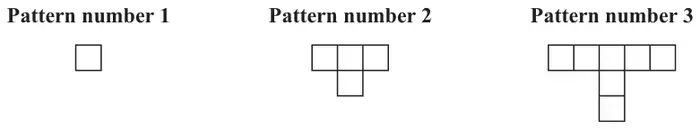 Pattern number 1: one square. Pattern number 2: a row of 3 squares with 1 square below the middle. Pattern number 3: a row of 5 squares with 2 squares below the middle