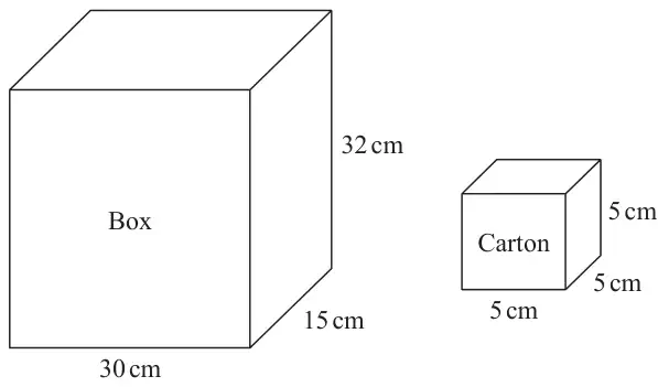 Box: cuboid 30 cm by 15 cm by 32 cm high. Carton: cube 5 cm by 5 cm by 5 cm