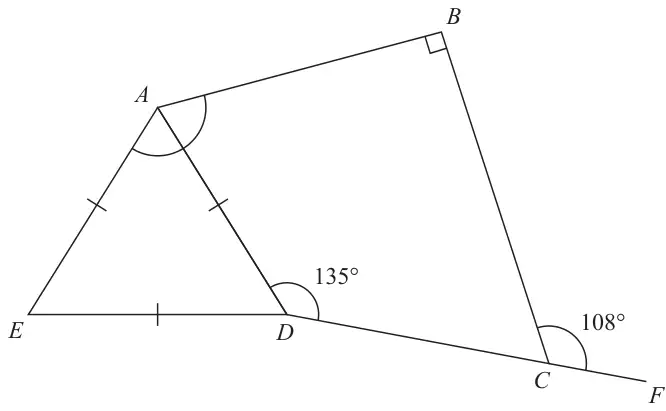 Quadrilateral ABCD with a right angle at B; equilateral triangle ADE with equal sides marked; DCF is a straight line; angle ADC is 135 degrees and angle BCF is 108 degrees; angle EAB is marked