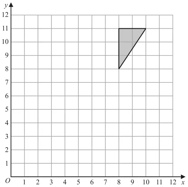 Grid with x and y from 0 to 12; shaded triangle with vertices (8, 8), (8, 11) and (10, 11)