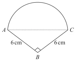 Semicircle on diameter AC above triangle ABC, with BA = BC = 6 cm and a right angle at B