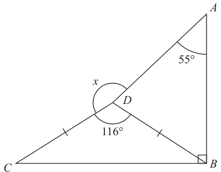 Triangles CDB and BDA sharing side DB; A is above B and C is to the left of B with a right angle at B; angle DAB is 55 degrees, angle CDB is 116 degrees, DC and DB are marked equal, and the reflex angle ADC at D is marked x