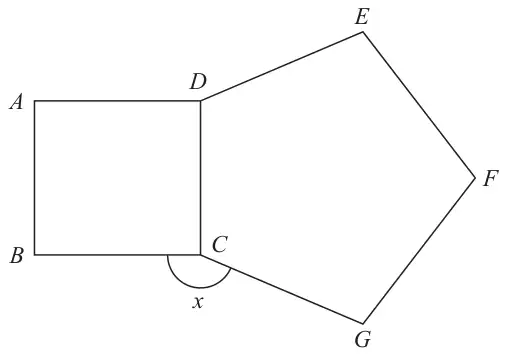 Square ABCD with side DC shared with regular pentagon CDEFG; angle x is marked at C between sides CB and CG, outside both shapes