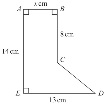 Shape ABCDE: AB = x cm at the top, BC = 8 cm vertical down from B, CD slanting down to D, ED = 13 cm along the bottom, AE = 14 cm on the left; right angles at A, B and E