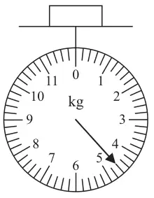 Dial weighing scale in kg from 0 to 11 with 10 small divisions per kg; the pointer is between 4 and 5, at the sixth small division after 4