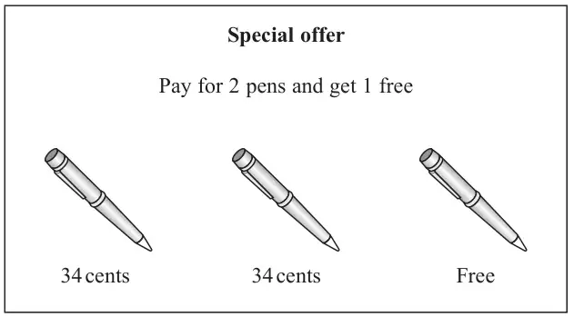 Special offer: Pay for 2 pens and get 1 free. Three pens labelled 34 cents, 34 cents and Free