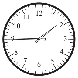 Clock face with the hour hand between 1 and 2 and the minute hand pointing at 9
