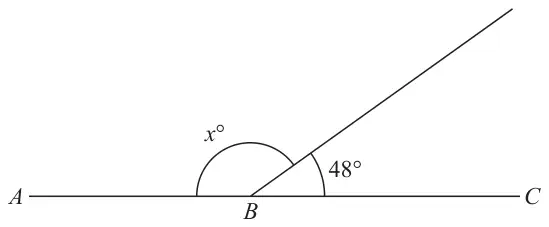 Straight line ABC with a line from B; angle x degrees between BA and the line, 48 degrees between the line and BC