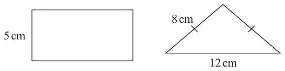 A rectangle with a short side of 5 cm, and an isosceles triangle with two equal sides of 8 cm and a base of 12 cm