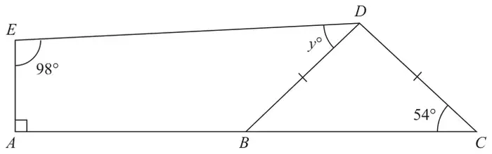 Quadrilateral ABDE with a right angle at A and angle 98 degrees at E; triangle BCD with BD = DC, angle 54 degrees at C and angle y degrees at D between DE and DB; A, B and C lie on a straight line