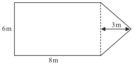 A rectangle 8 m by 6 m with an isosceles triangle on its 6 m side. The perpendicular height of the triangle is 3 m