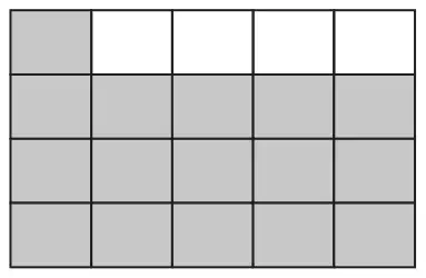 A rectangle of 20 squares in 4 rows of 5. 16 squares are shaded: the first square of the top row and all of the other three rows